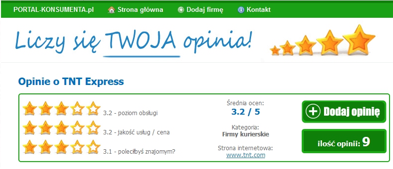 Opinie o kurierze TNT na portalukonsumenta.pl